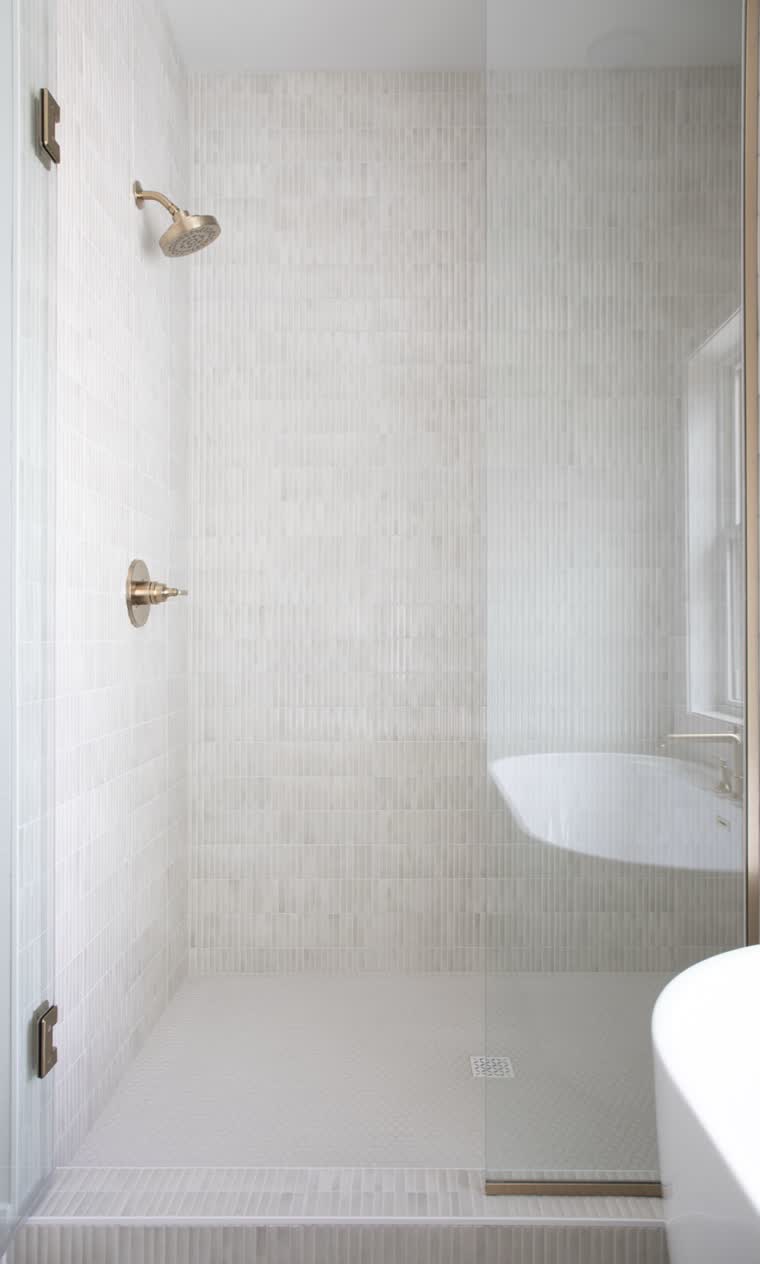 Walk-in shower with blush tile and brass fixtures