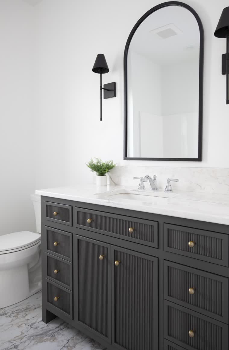 Bathroom with a fluted black vanity and an arched mirror