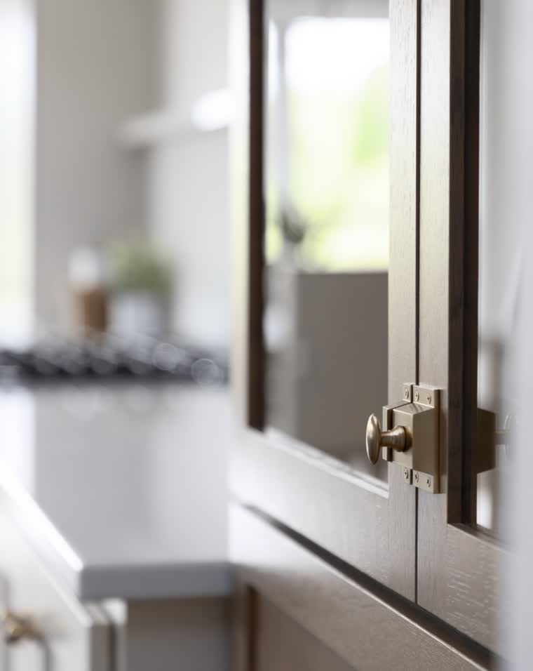 Close-up of a cabinet door with a brass latch