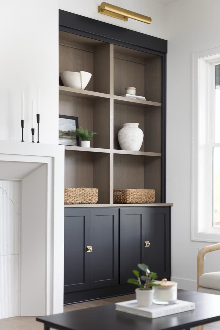 Built-in shelves with dark lower cabinets and a brass picture light beside a fireplace